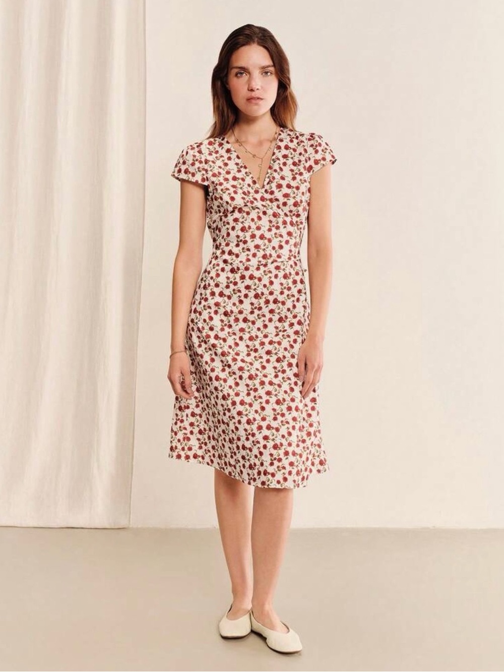 V-Neck Midi Dress in Cream with Red Floral Print